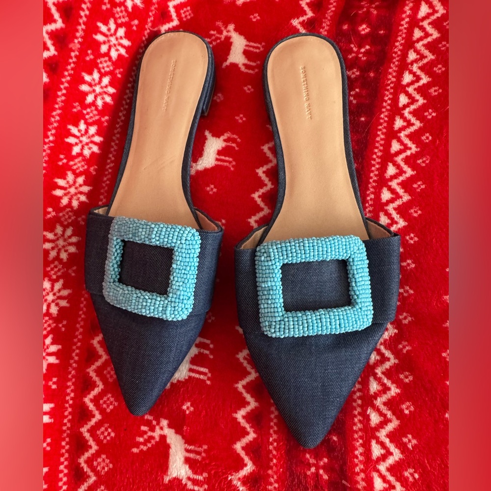 Something Navy Denim Portia Buckle Mules 9